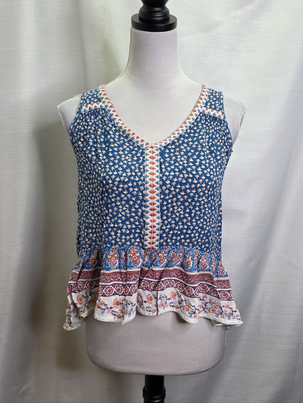 Patrons of Peace Blue Bohemian Print Peplum High Low Swing Tank Size Small